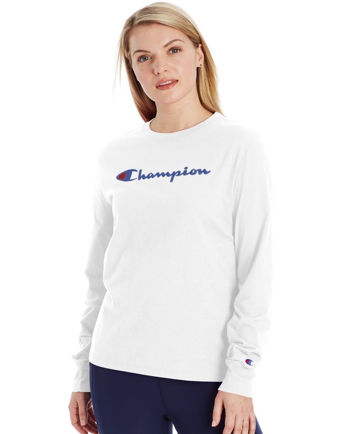 Champion Classic Long-Sleeve Script Logo Kadın Tişört Beyaz ( FHTZWX937 )